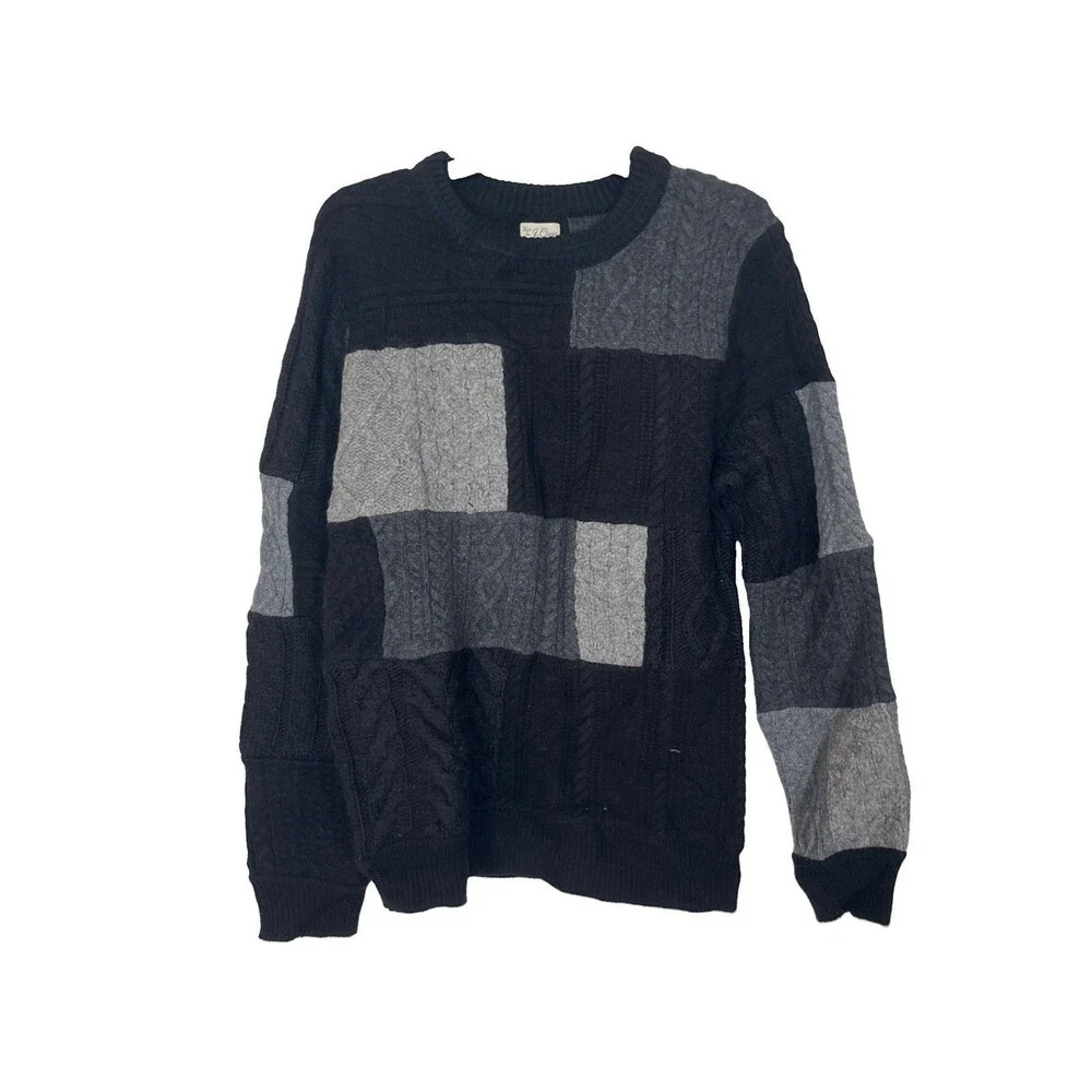 J. CREW Men's Patchwork Cable-Knit Sweater Black Gray  Wool-Cashmere Size Small